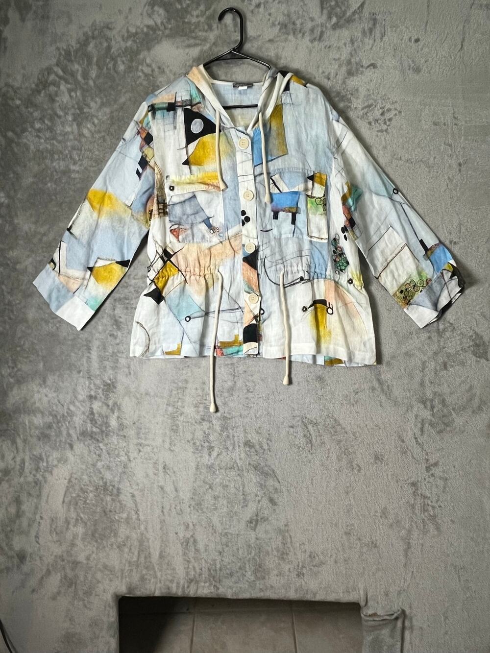 Dolcezza Simply Art Linen Blend Hooded Jacket Large Abstract Print Artsy Boho